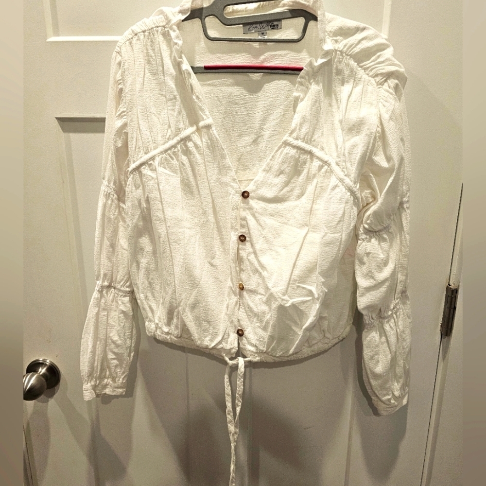 Love, Whit White Cotton Peasant Blouse Women’s M Button Front, Puff Sleeve Boho
